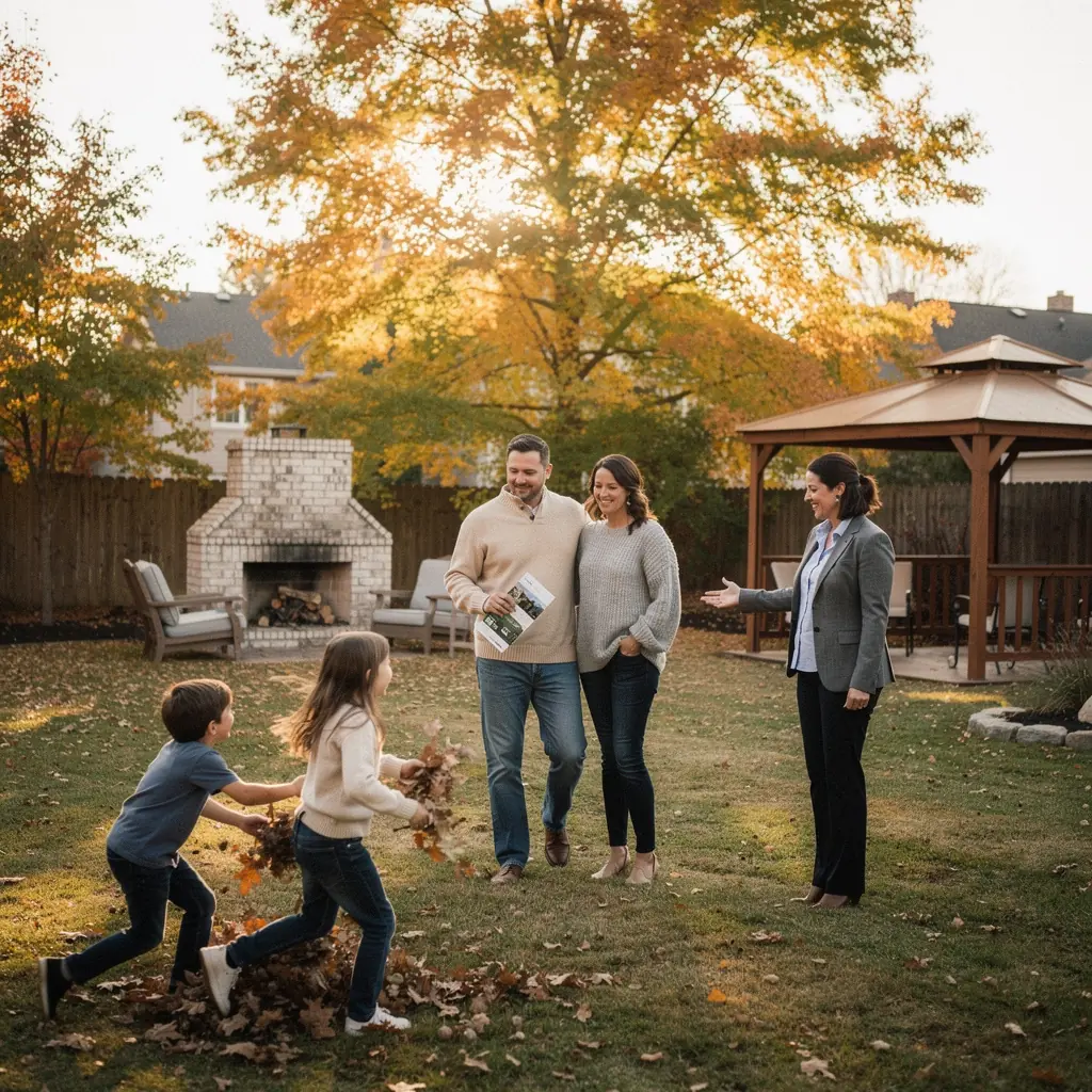 Agent nieruchomości prowadzący rodzinę przez dom, pokazując różne pomieszczenia i udzielając informacji.