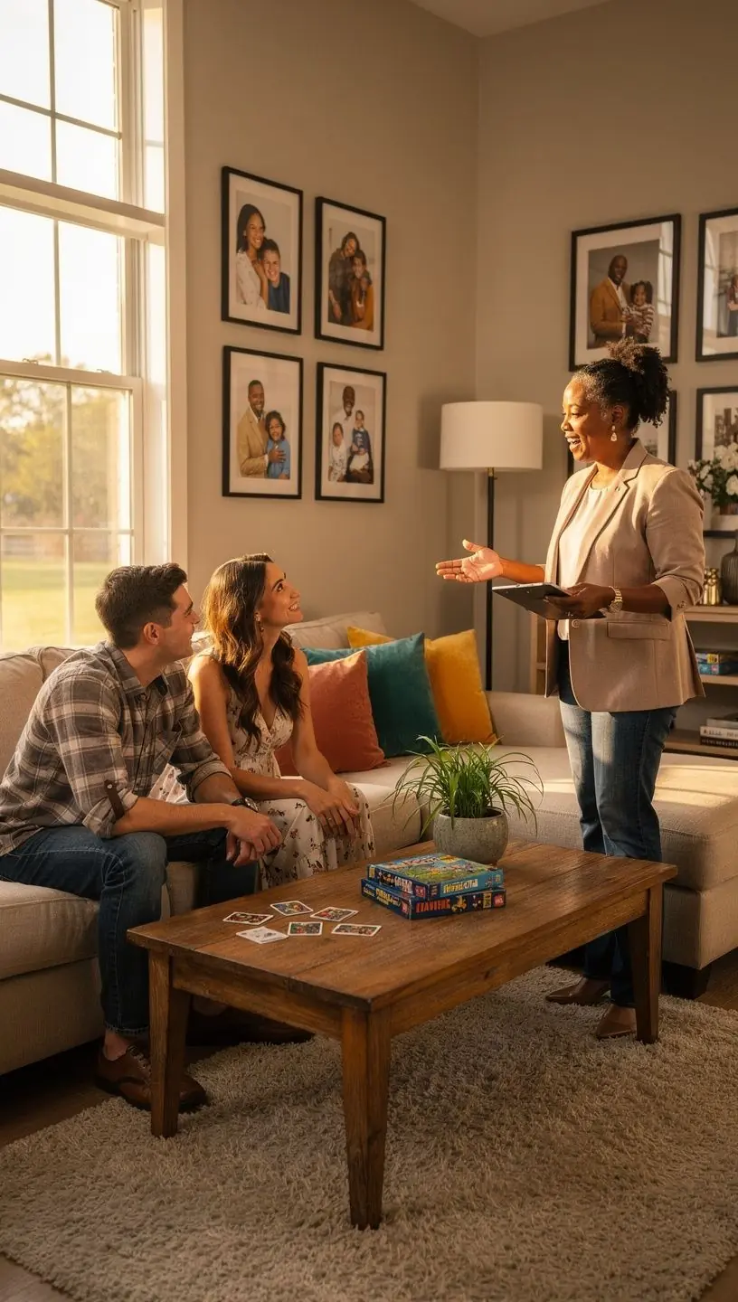 Specjalista prowadzący rodzinę przez dom, wskazujący na istotne detale.