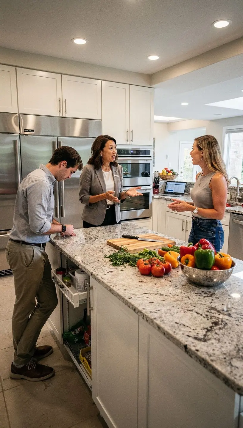 Zbliżenie na szczegóły mieszkania, takie jak nowoczesna kuchnia z wysokiej jakości sprzętem i wykończeniami.