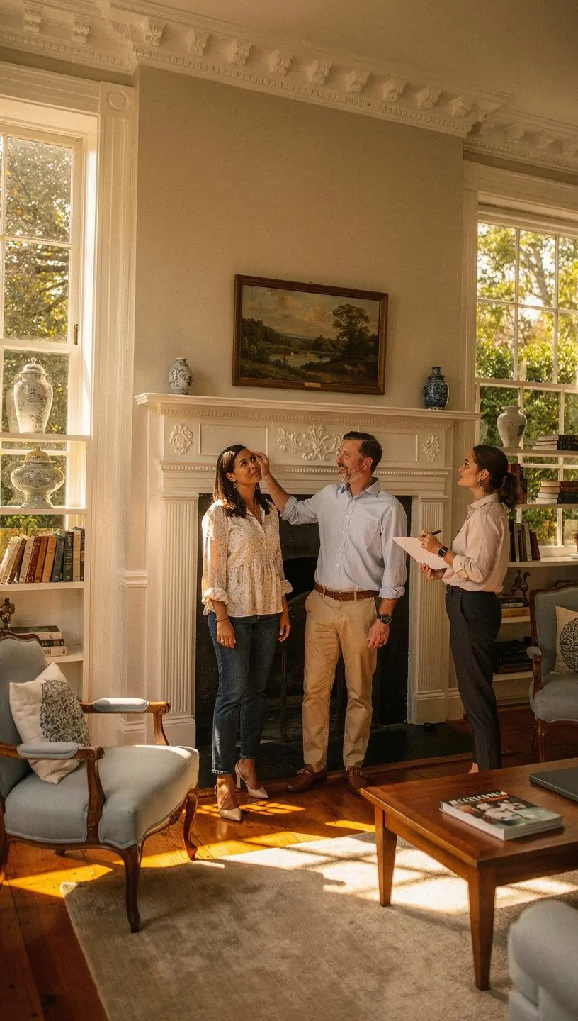 Rodzina zwiedzająca dom na wynajem, omawiająca jego stan techniczny.