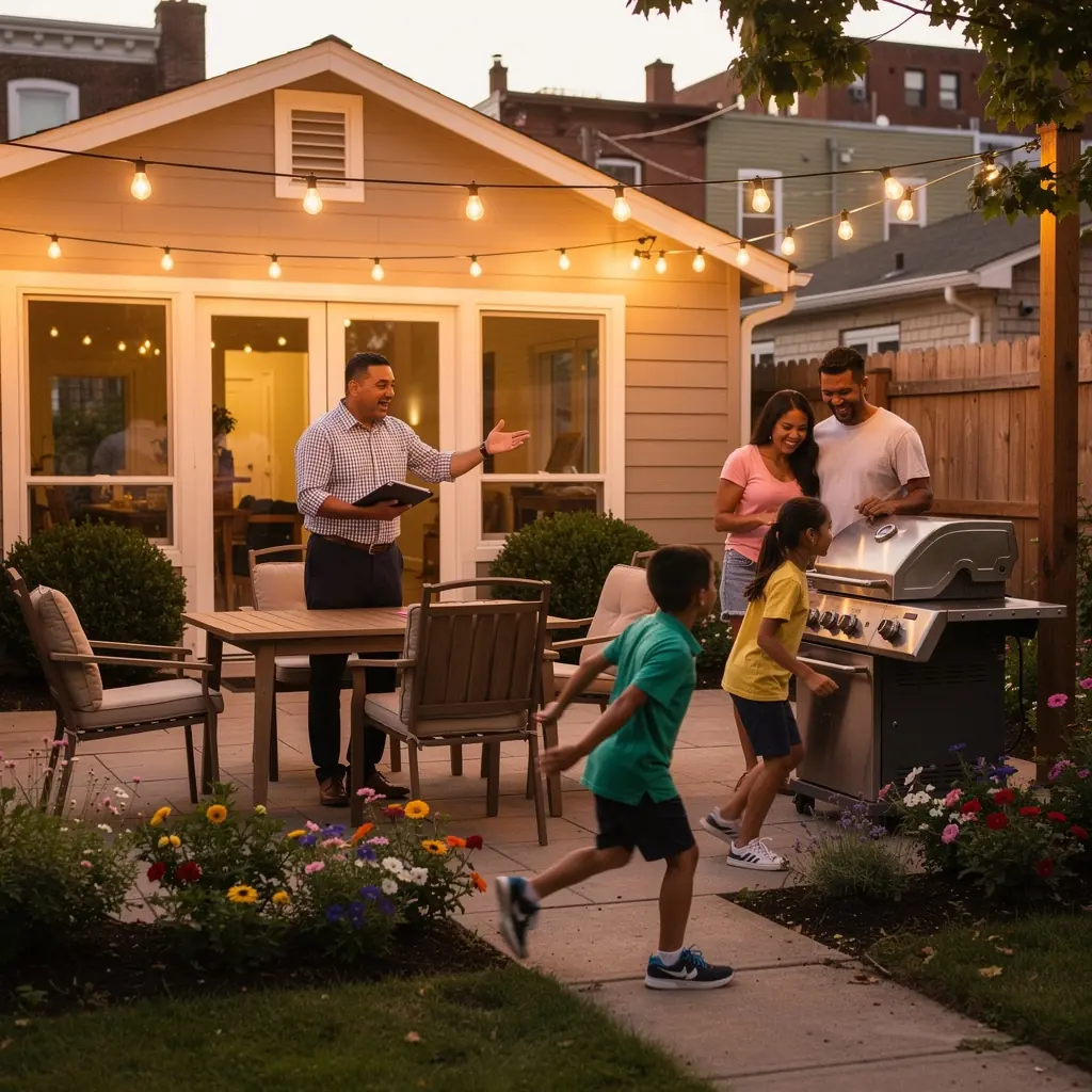 Rodzina zwiedzająca dom na wynajem z uśmiechami na twarzach, trzymająca w rękach broszury informacyjne.